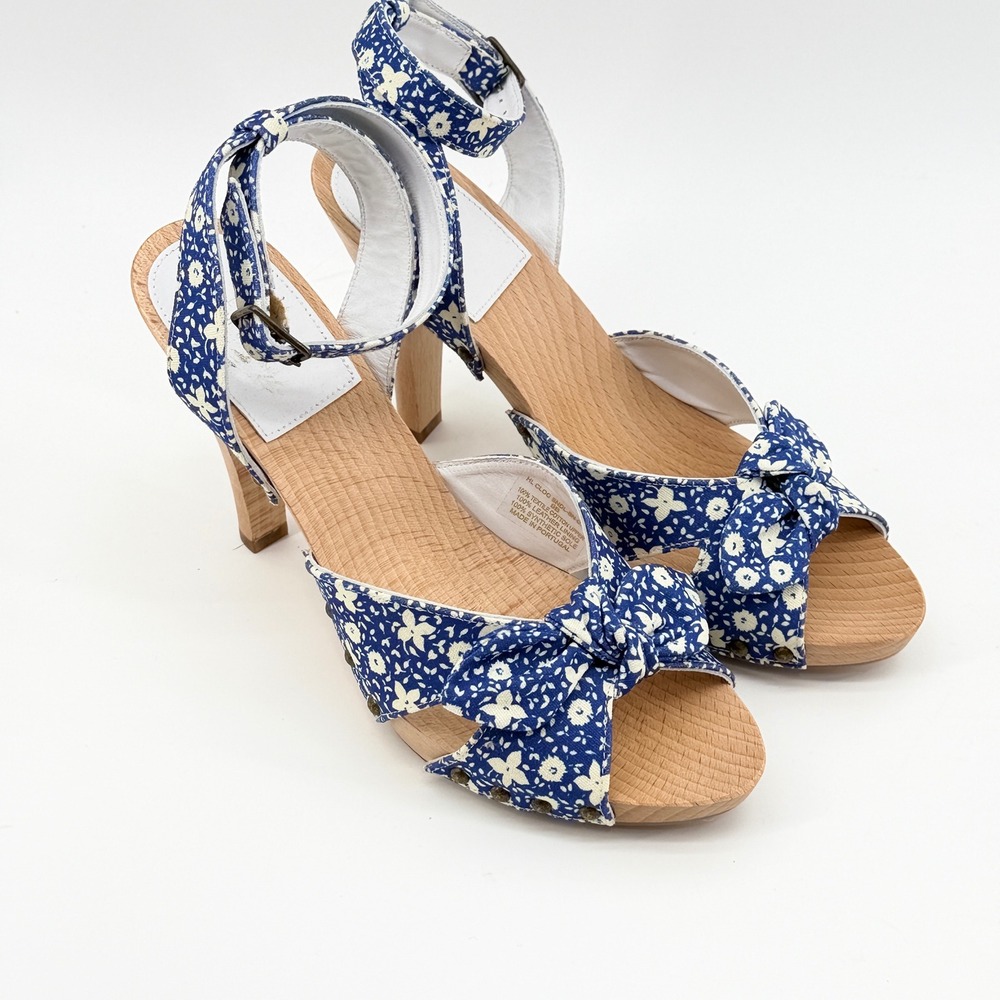 Polo Ralph Lauren Blue Floral Cotton Clog Sandals Wood‎ Heel Ankle Strap Size 9B